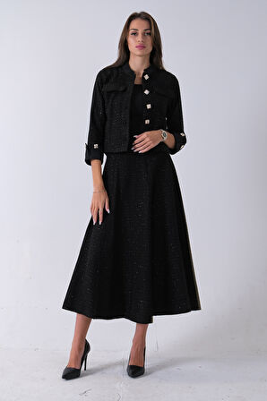 Siyah Önü Düğme Kapamalı Crop Ceket Etekli Tüvid Takım 45950601.01