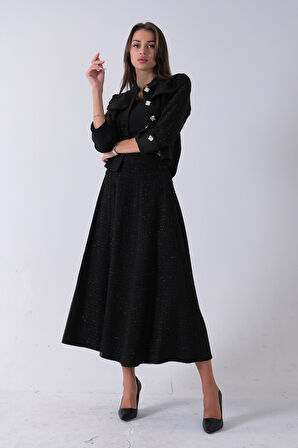 Siyah Önü Düğme Kapamalı Crop Ceket Etekli Tüvid Takım 45950601.01