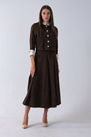 Kahve Önü Düğme Kapamalı Crop Ceket Etekli Tüvid Takım 45950601.05