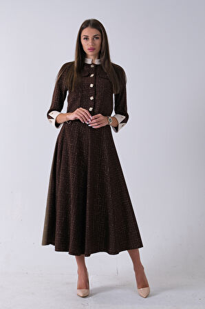 Kahve Önü Düğme Kapamalı Crop Ceket Etekli Tüvid Takım 45950601.05