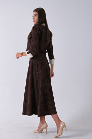 Kahve Önü Düğme Kapamalı Crop Ceket Etekli Tüvid Takım 45950601.05