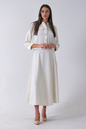 Ekru Önü Düğme Kapamalı Crop Ceket Etekli Tüvid Takım 45950601.147