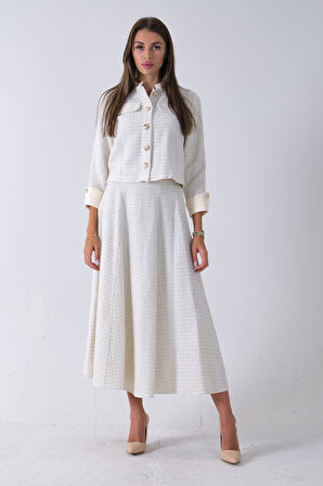 Ekru Önü Düğme Kapamalı Crop Ceket Etekli Tüvid Takım 45950601.147