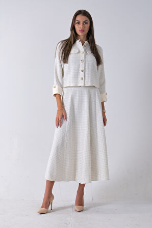 Ekru Önü Düğme Kapamalı Crop Ceket Etekli Tüvid Takım 45950601.147