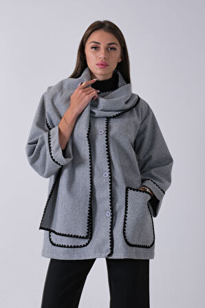 Gri Önü Düğmeli Atkılı Süs Dikiş Detaylı Cepli Kısa Kaban 31050712.06