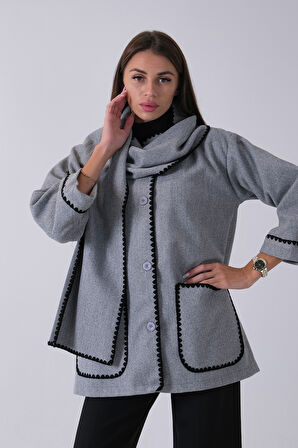 Gri Önü Düğmeli Atkılı Süs Dikiş Detaylı Cepli Kısa Kaban 31050712.06