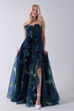 Lacivert Straplez Yaka Önü Düğme Detaylı Desenli Fırfırlı Abiye 9705680.02