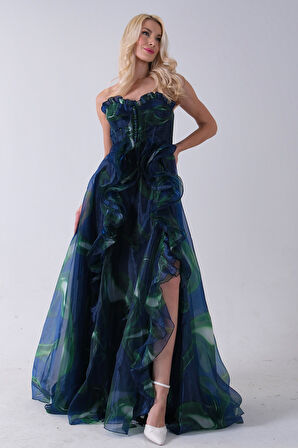 Lacivert Straplez Yaka Önü Düğme Detaylı Desenli Fırfırlı Abiye 9705680.02