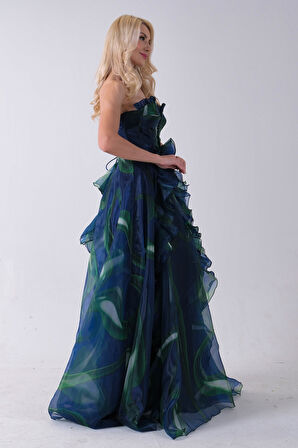 Lacivert Straplez Yaka Önü Düğme Detaylı Desenli Fırfırlı Abiye 9705680.02