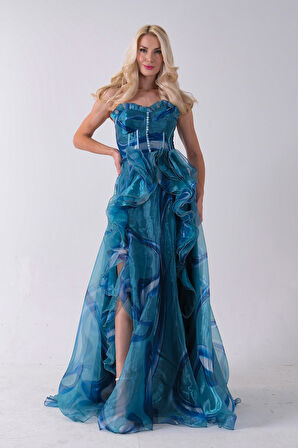 Mavi Straplez Yaka Önü Düğme Detaylı Desenli Fırfırlı Abiye 9705680.16