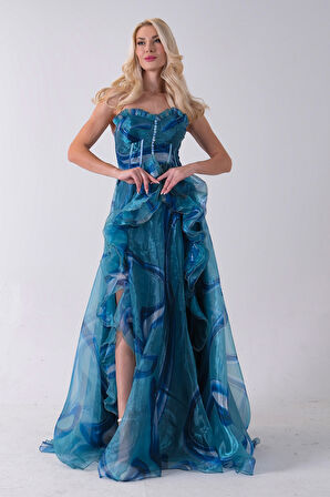 Mavi Straplez Yaka Önü Düğme Detaylı Desenli Fırfırlı Abiye 9705680.16