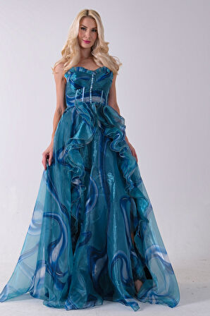 Mavi Straplez Yaka Önü Düğme Detaylı Desenli Fırfırlı Abiye 9705680.16