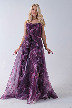 Mürdüm Straplez Yaka Önü Düğme Detaylı Desenli Fırfırlı Abiye 9705680.21