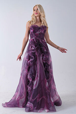 Mürdüm Straplez Yaka Önü Düğme Detaylı Desenli Fırfırlı Abiye 9705680.21