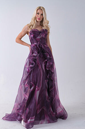 Mürdüm Straplez Yaka Önü Düğme Detaylı Desenli Fırfırlı Abiye 9705680.21