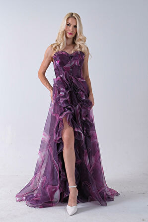 Mürdüm Straplez Yaka Önü Düğme Detaylı Desenli Fırfırlı Abiye 9705680.21