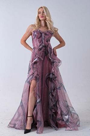 Pudra Straplez Yaka Önü Düğme Detaylı Desenli Fırfırlı Abiye 9705680.79