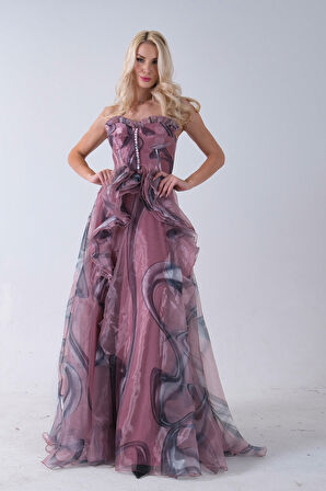 Pudra Straplez Yaka Önü Düğme Detaylı Desenli Fırfırlı Abiye 9705680.79