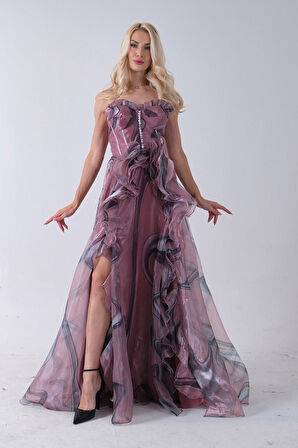 Pudra Straplez Yaka Önü Düğme Detaylı Desenli Fırfırlı Abiye 9705680.79