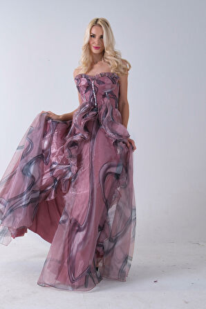 Pudra Straplez Yaka Önü Düğme Detaylı Desenli Fırfırlı Abiye 9705680.79