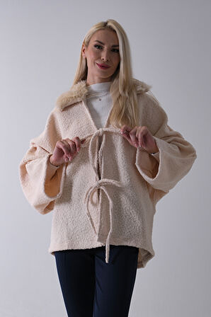 Ekru Önü Bağlama Detaylı Yakası Kürklü Panço 47122475.147