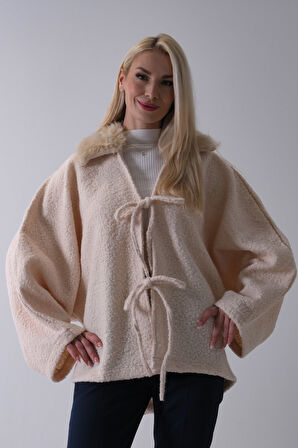 Ekru Önü Bağlama Detaylı Yakası Kürklü Panço 47122475.147