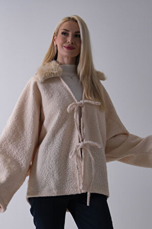 Ekru Önü Bağlama Detaylı Yakası Kürklü Panço 47122475.147