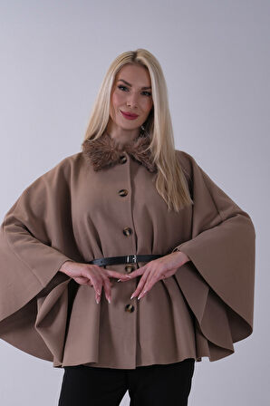 Vizon Önü Düğme Kapamalı Kemerli Yakası Kürklü Panço 47122714.34