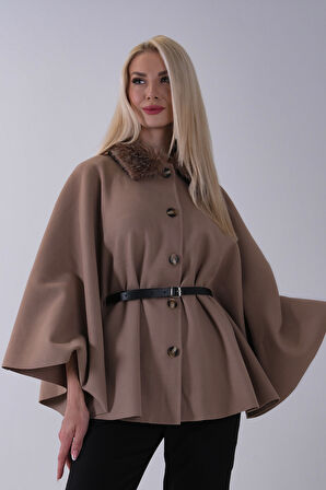 Vizon Önü Düğme Kapamalı Kemerli Yakası Kürklü Panço 47122714.34