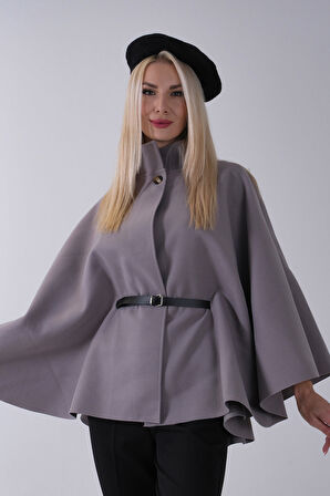 Gri Önü Tek Düğme Kapamalı Kemer Detaylı Panço 47122713.06