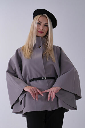 Gri Önü Tek Düğme Kapamalı Kemer Detaylı Panço 47122713.06