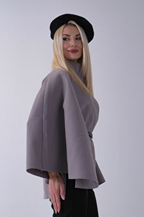 Gri Önü Tek Düğme Kapamalı Kemer Detaylı Panço 47122713.06