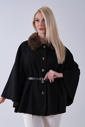 Kahve Yakası Kürklü Dikiş Detaylı Kemerli Panço 47122731.05