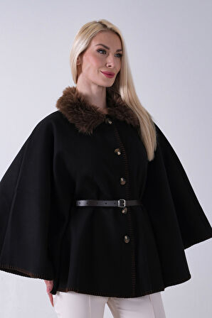 Kahve Yakası Kürklü Dikiş Detaylı Kemerli Panço 47122731.05