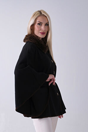 Kahve Yakası Kürklü Dikiş Detaylı Kemerli Panço 47122731.05