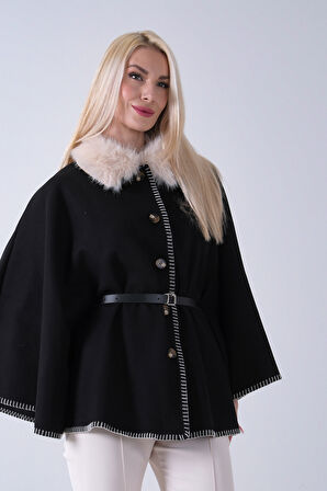 Beyaz Yakası Kürklü Dikiş Detaylı Kemerli Panço 47122731.15