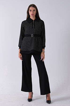 Siyah Tunik Yaka Fermuar Kapamalı File Detaylı Pantolonlu Takım 4577283.01