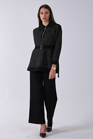 Siyah Tunik Yaka Fermuar Kapamalı File Detaylı Pantolonlu Takım 4577283.01
