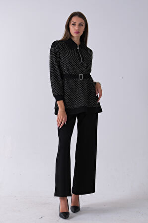 Siyah Tunik Yaka Fermuar Kapamalı File Detaylı Pantolonlu Takım 4577283.01