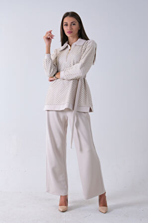 Taş Tunik Yaka Fermuar Kapamalı File Detaylı Pantolonlu Takım 4577283.50