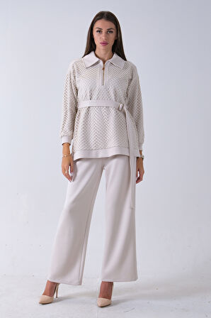 Taş Tunik Yaka Fermuar Kapamalı File Detaylı Pantolonlu Takım 4577283.50