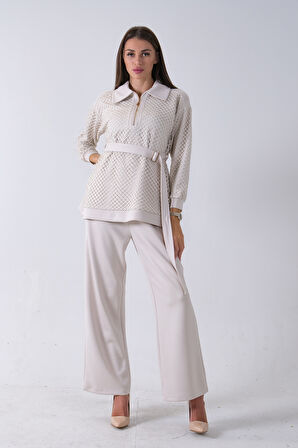 Taş Tunik Yaka Fermuar Kapamalı File Detaylı Pantolonlu Takım 4577283.50