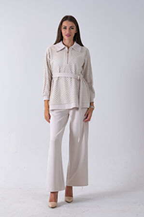 Taş Tunik Yaka Fermuar Kapamalı File Detaylı Pantolonlu Takım 4577283.50