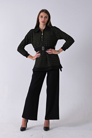 Gold Tunik Yaka Fermuar Kapamalı File Detaylı Pantolonlu Takım 4577283.122