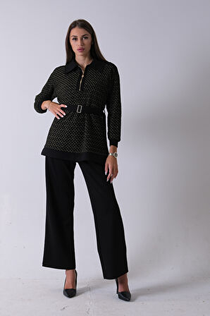 Gold Tunik Yaka Fermuar Kapamalı File Detaylı Pantolonlu Takım 4577283.122