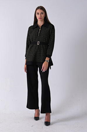 Gold Tunik Yaka Fermuar Kapamalı File Detaylı Pantolonlu Takım 4577283.122