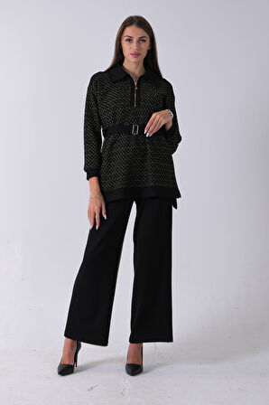 Gold Tunik Yaka Fermuar Kapamalı File Detaylı Pantolonlu Takım 4577283.122