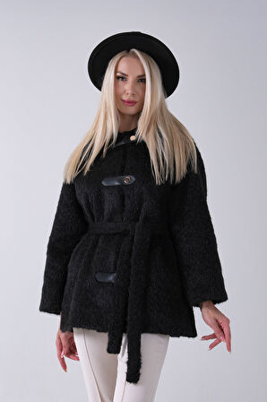 Siyah Gömlek Yakalı 4 Düğme Deri Bukle Detaylı Kaşe Yün Ceket 5307122.01