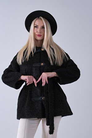 Siyah Gömlek Yakalı 4 Düğme Deri Bukle Detaylı Kaşe Yün Ceket 5307122.01