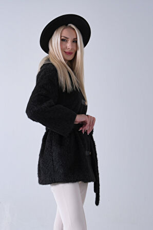 Siyah Gömlek Yakalı 4 Düğme Deri Bukle Detaylı Kaşe Yün Ceket 5307122.01